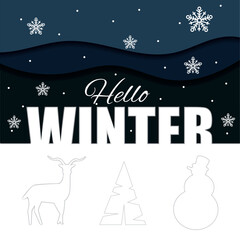 Naklejka premium Hello winter poster with christmas icons Paper art poster Vector
