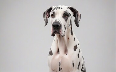 Primer plano de perro Gran Danés sentado, mirando al frente, sobre fondo blanco 