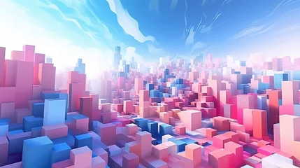 Tuinposter Abstract technology background. Scatter topographic landscape based on colorful cubes. Abstract low poly city with blue and pink buildings.  © Boraryn