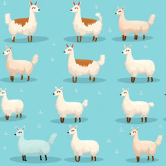 print sample template title of cute cartoon llama generative ai.different colors animals isolated on blue background.