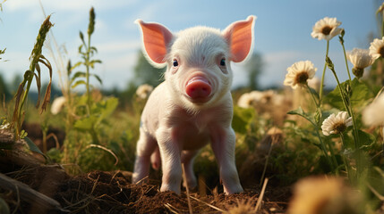 cutie and funny young pig is standing on the green grass. generative ai