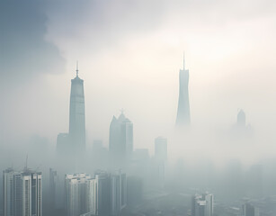 city skyline shrouded in smog. top view from high,sky background.tall buildings.generative ai