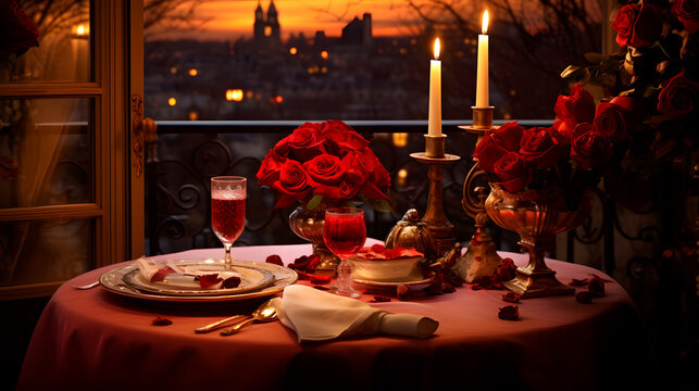 Romantic dinner with candles and two glasses of champagne and red rose flowers laying next