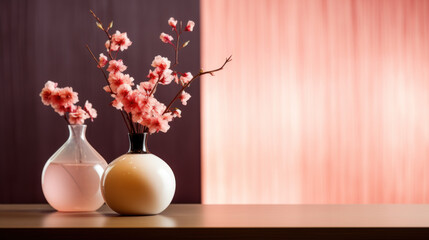 Vases with blossoming cherry branches in pink interior
