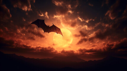 Bat in night sky, full Moon, Halloween theme - obrazy, fototapety, plakaty