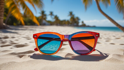 Fototapeta na wymiar Beautiful stylish sunglasses on the sand, on the seashore, palm leaves, summer concept