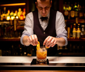 Young bartender is decorating a cocktail in a bar