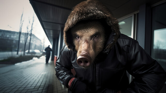 Thug with a face of a wild hog, aggression concept