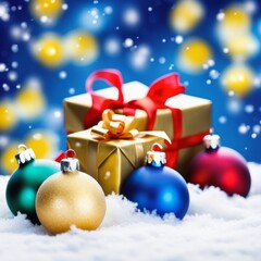 Fototapeta na wymiar Christmas Gifts box on a snowy background, A bokeh background effect.