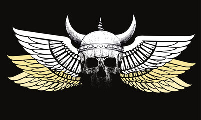 Viking skull t-shirt design with open wings on a black background.