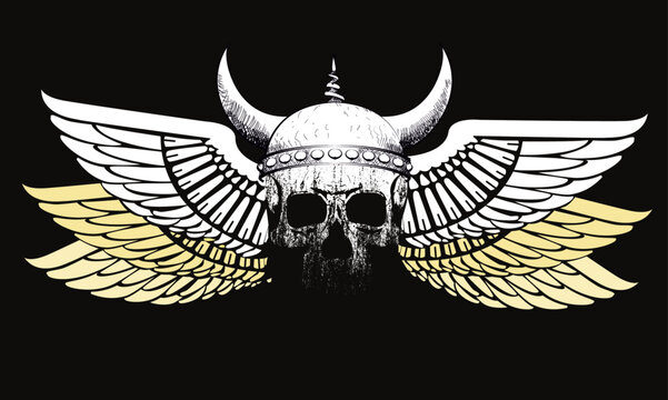 Viking skull t-shirt design with open wings on a black background.