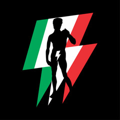 T-shirt design of the silhouette of a Renaissance sculpture next to the symbol of thunderbolt with the colors of Italy. Statue of David from Florence, Italy made by Michelangelo.