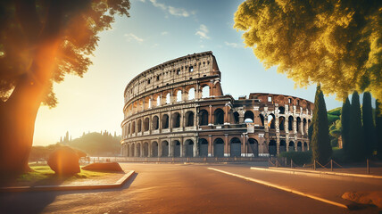 View of Colosseum in Rome and morning sun, Italy, Europe - obrazy, fototapety, plakaty