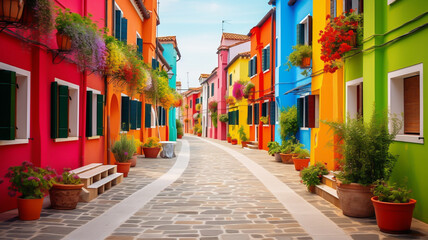 Fototapeta na wymiar Colorful street in Burano, near Venice, Italy 