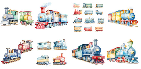 Watercolor freight train engine, caboose and train cars set isolated on a white background - obrazy, fototapety, plakaty