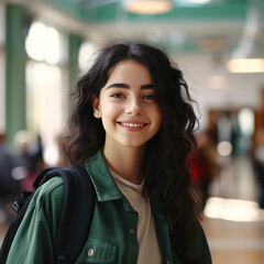 Cheerful brunette teen, friendly high school student with backpack, standing in college library, portrait, 4K clarity, vibrant ambiance, realistic academic background