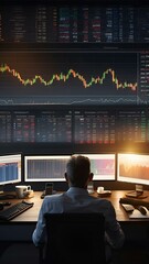 A man monitoring trending graphs (crypto, stock, trading) - vertical