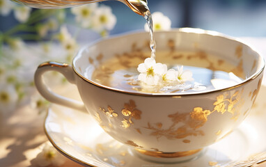 Tea pouring in white porcelain golden cup, white flowers in tea. Spring cozy warm background with sun light. Design for cafe, menu. Herbal tea for good health. Closeup shot - obrazy, fototapety, plakaty