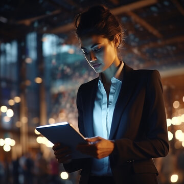 Caucasian Business Woman, Project Leader, Multitasking With Tablet, Fast-paced Office Walk, Smart Suit, Engaged Entrepreneur, 4K Quality, Dynamic Lighting, Crisp Imagery, Contemporary Workplace