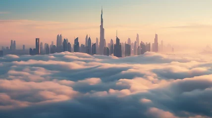 Foto op Plexiglas Downtown Dubai skyline with skyscrapers submerged in think fog. Tall buildings early morning glow.  © Artofinnovation