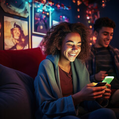 Happy Gen Z American teen, relaxed sitting on couch, using smartphone, mobile apps engagement, online shopping, gaming, social media influence, authentic lifestyle shot, 4K resolution, natural home