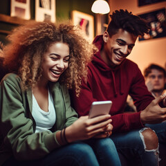 Happy Gen Z American teens, relaxed sitting on couch, using smartphone, mobile apps engagement, online shopping, gaming, social media influence, authentic lifestyle shot, 4K resolution, natural home