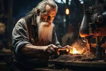 A skilled blacksmith forging custom metalwork in a traditional countryside workshop. Concept of craftsmanship and metal artistry. Generative Ai.