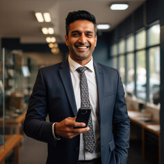 Naklejka na ściany i meble Indian businessman, project leader, multitasking with tablet, fast-paced office walk, smart suit, engaged entrepreneur, 4K quality, dynamic lighting, crisp imagery, contemporary workplace