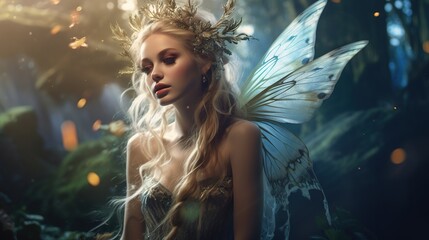 Beautiful fairy with wings in a fantasy magical enchanted forest with butterflies. fairy magic goddess nature transparent wings - obrazy, fototapety, plakaty