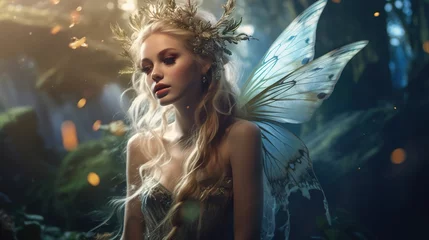 Tuinposter Sprookjesbos Beautiful fairy with wings in a fantasy magical enchanted forest with butterflies. fairy magic goddess nature transparent wings