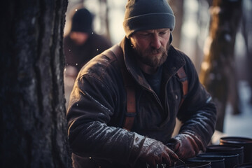 A maple syrup producer tapping trees and collecting sap during the sugaring season. Concept of syrup production and traditional methods. Generative Ai. - obrazy, fototapety, plakaty