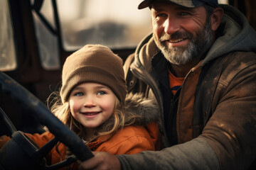 A farmer's daughter learning to drive a tractor from her father in a generational farming tradition. Concept of passing down knowledge. Generative Ai.