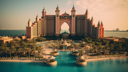 Atlantis The Palm, Dubai is a luxury resort hotel located atop the Palm Jumeirah in the United Arab Emirates - obrazy, fototapety, plakaty