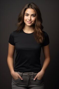 woman in studio wearing black t-shirt, stock reference, product photography
