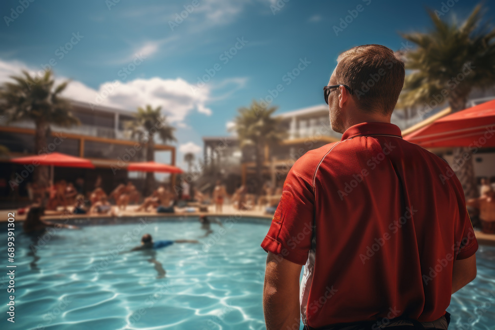 Poster a lifeguard on duty, vigilantly watching over a crowded pool area. concept of water safety. generati