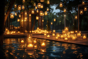 Fototapeta na wymiar A pool adorned with floating lanterns for an enchanting evening event. Concept of poolside magic. Generative Ai.