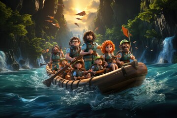 Journey of fairy-tale heroes on magic canoes