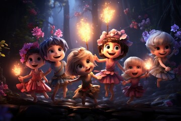 Dancing and laughing fairies in a magical forest