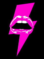thunderbolt symbol and glam rock lips isolated on black