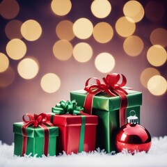 Obraz premium Christmas Gifts box on a snowy background, A bokeh background effect.
