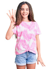 Obraz premium Cute hispanic child girl wearing casual clothes showing and pointing up with fingers number four while smiling confident and happy.