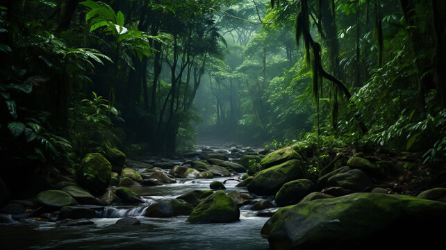 Green lush tropical rainforest with leaves and trees