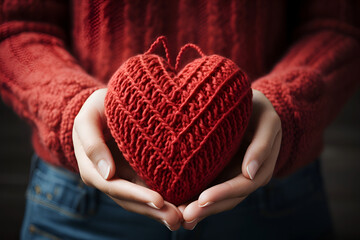 elderly female hands holding a knitted red heart made of threads