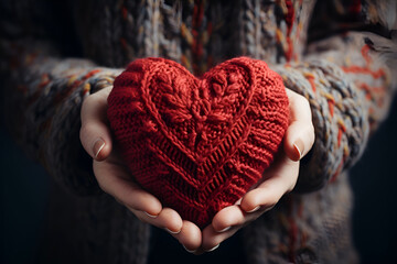 elderly female hands holding a knitted red heart made of threads - obrazy, fototapety, plakaty