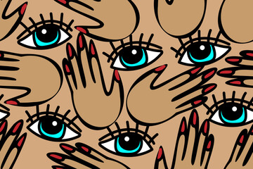 Nude body and face, beautiful cartoon hands and eyes. Seamless vector pattern for design and decoration. 