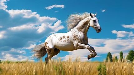 Obraz na płótnie Canvas The horse jumps across the field with high grass
