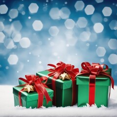 Obraz premium Christmas Gifts box on a snowy background, A bokeh background effect.