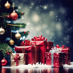 Christmas Gifts box on a snowy background, A bokeh background effect.