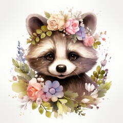 Portrait of cute raccoon with flowers. Watercolor cartoon illustration on white background