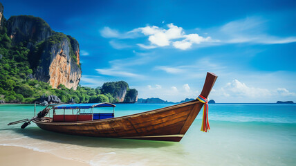 Thai traditional wooden longtail boat and beautiful sand Railay Beach in Krabi province. Ao Nang, Thailand. 